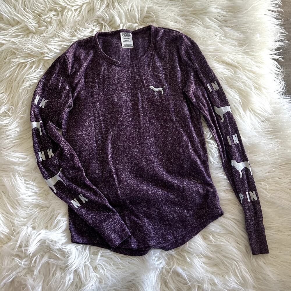 Victoria's Secret PINK Purple Plum Long Sleeve Shirt Silver Dog Sleep Size Small